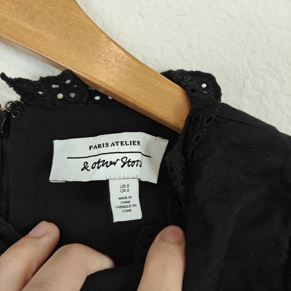 & Other Stories Boho Black Poplin Lace Cotton Long Sleeve Mini Dress Black SZ 0 - Picture 9 of 15